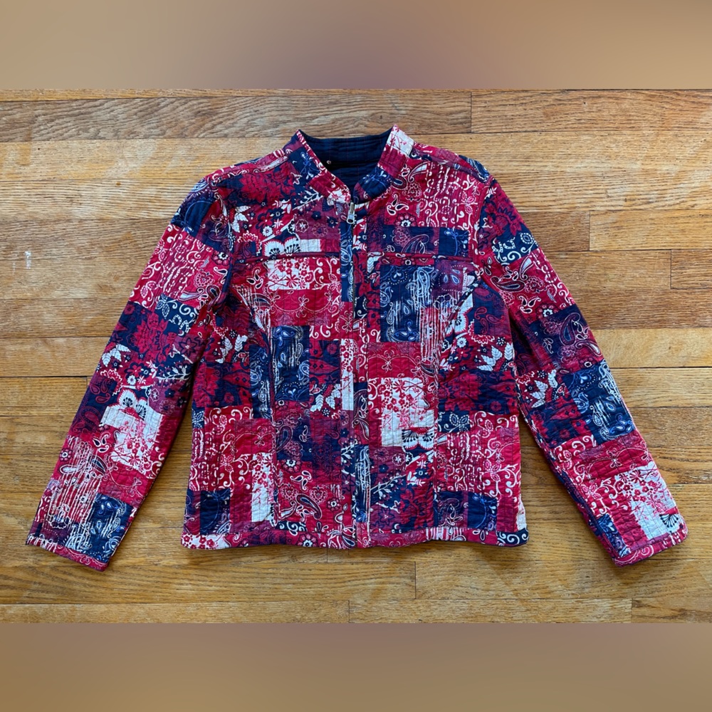 Red Blue White Patchwork Bandanna Paisley Asian-Inspo Floral print jacket Medium